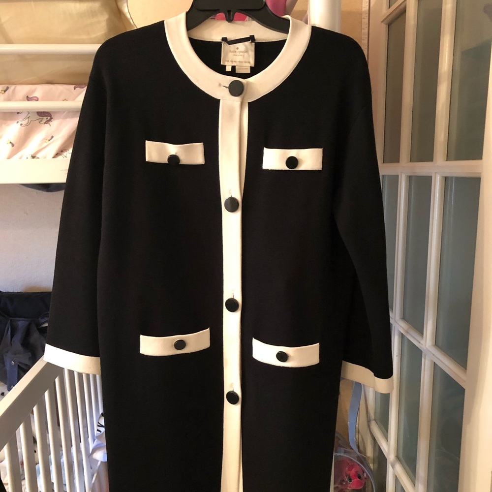 KATE SPADE Black Long Cardigan With White Trim